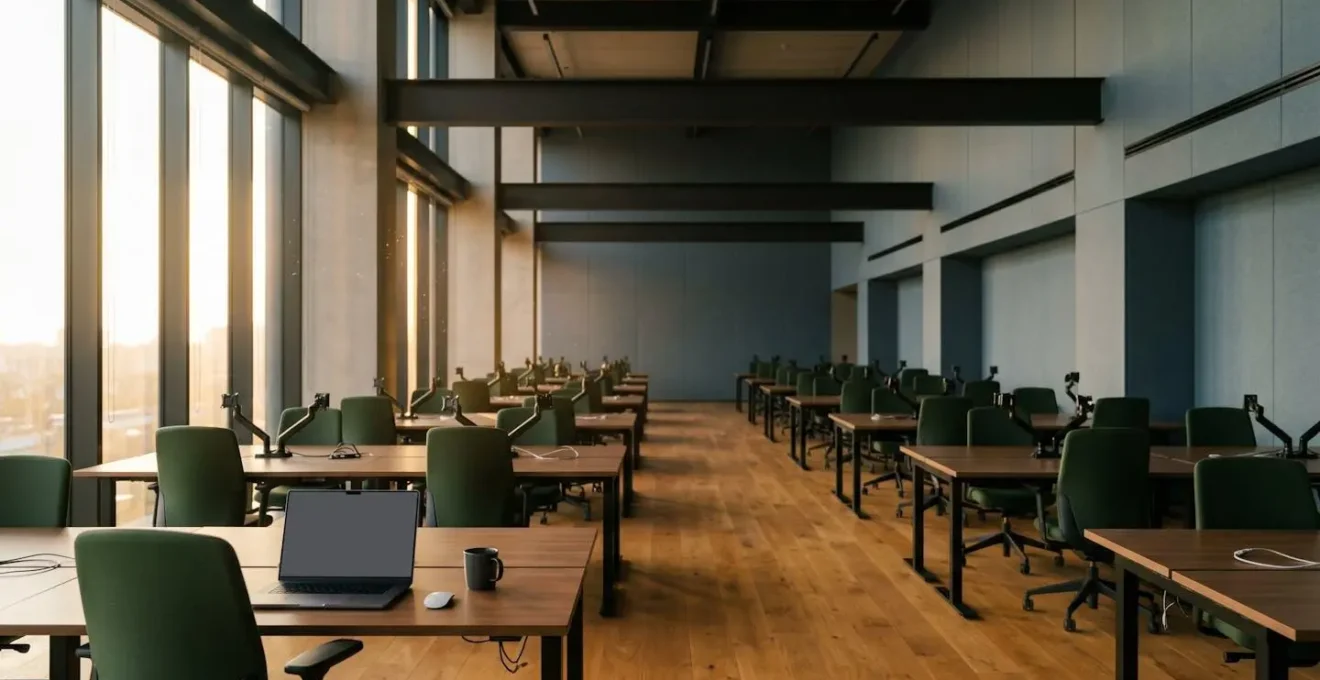 Espace de bureau moderne partiellement occupé symbolisant les défis d'assurance liés au télétravail