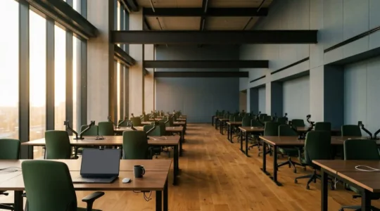 Espace de bureau moderne partiellement occupé symbolisant les défis d'assurance liés au télétravail