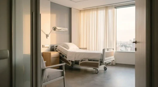 Environnement hospitalier moderne avec espace privatif illustrant les services haut de gamme pour cadres dirigeants