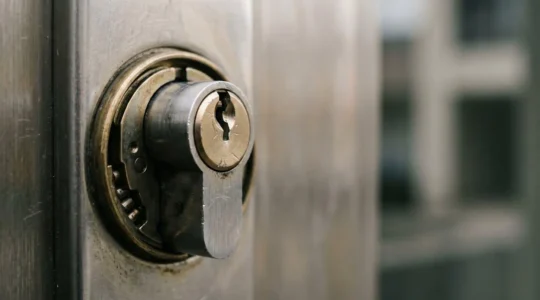 Gros plan sur une serrure et un cylindre de porte d'entrée professionnelle, symbolisant la difficulté de prouver un cambriolage sans effraction visible