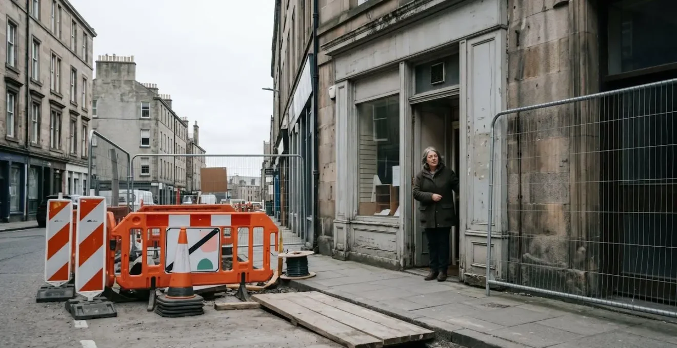 Commerçant devant sa boutique impactée par des travaux publics dans une rue de centre-ville