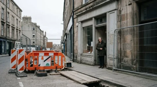 Commerçant devant sa boutique impactée par des travaux publics dans une rue de centre-ville