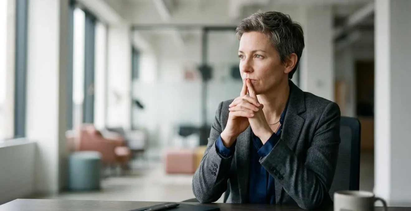 Dirigeant d'entreprise en réflexion face à un choix stratégique de protection sociale