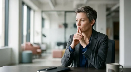 Dirigeant d'entreprise en réflexion face à un choix stratégique de protection sociale