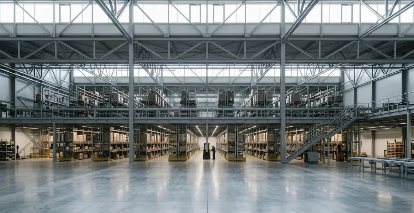 Vue large d'un entrepôt industriel moderne avec équipements de sécurité incendie visibles et espace architectural épuré