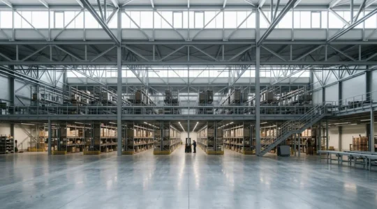 Vue large d'un entrepôt industriel moderne avec équipements de sécurité incendie visibles et espace architectural épuré