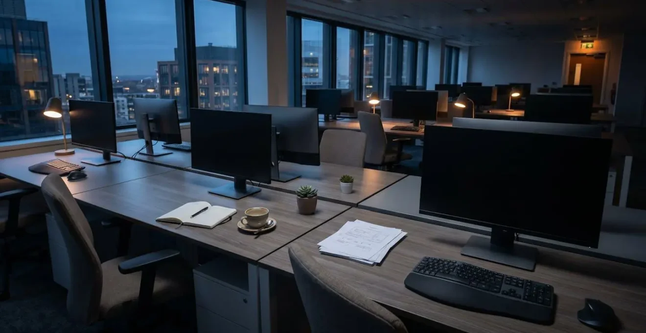 Environnement de bureau moderne vide et éteint symbolisant la paralysie d'une entreprise touchée par une cyberattaque