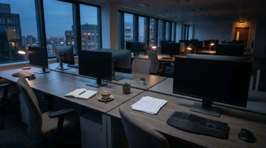 Environnement de bureau moderne vide et éteint symbolisant la paralysie d'une entreprise touchée par une cyberattaque