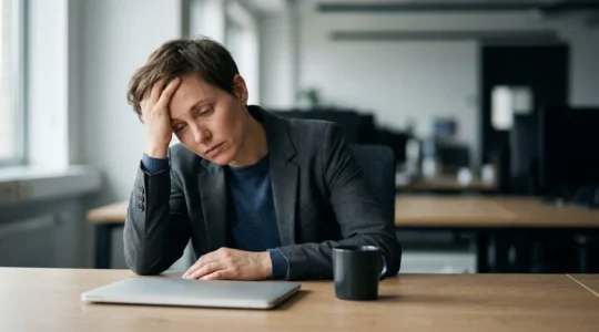 Professionnel épuisé assis à son bureau dans un environnement de travail moderne
