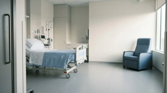 Chambre d'hôpital moderne avec lit médicalisé et équipements, ambiance naturelle illustrant le concept d'hébergement hospitalier