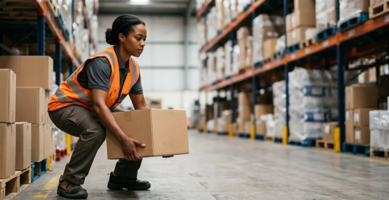 Manutentionnaire en formation appliquant les bons gestes de levage de charge dans un entrepôt logistique moderne