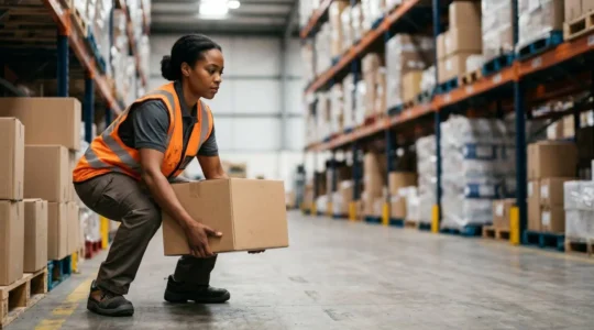 Manutentionnaire en formation appliquant les bons gestes de levage de charge dans un entrepôt logistique moderne