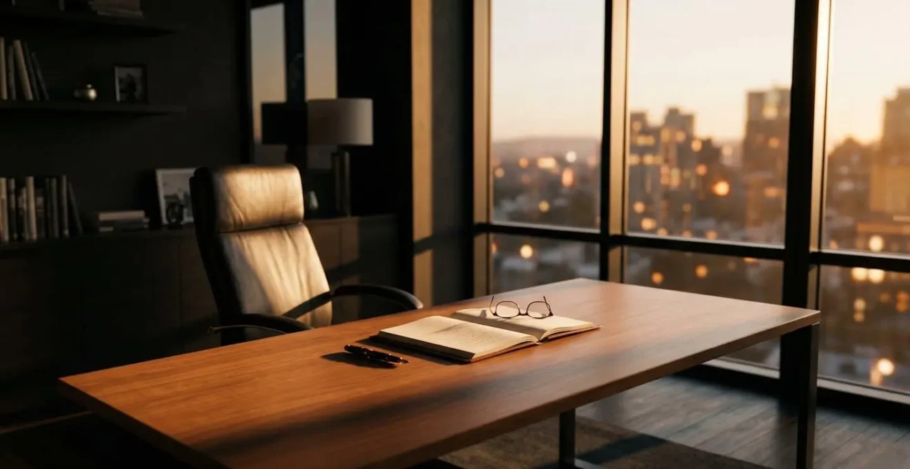 Un bureau vide avec une chaise de direction tournée, symbolisant l'absence soudaine d'un dirigeant essentiel à l'entreprise