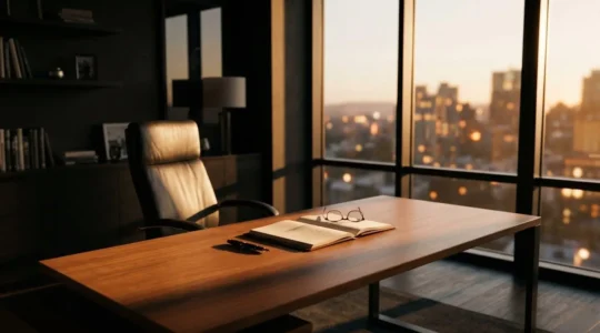 Un bureau vide avec une chaise de direction tournée, symbolisant l'absence soudaine d'un dirigeant essentiel à l'entreprise