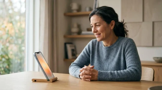 Professionnel de sante en consultation video avec employe, symbolisant l'integration de la teleconsultation dans les mutuelles d'entreprise pour reduire l'absenteisme