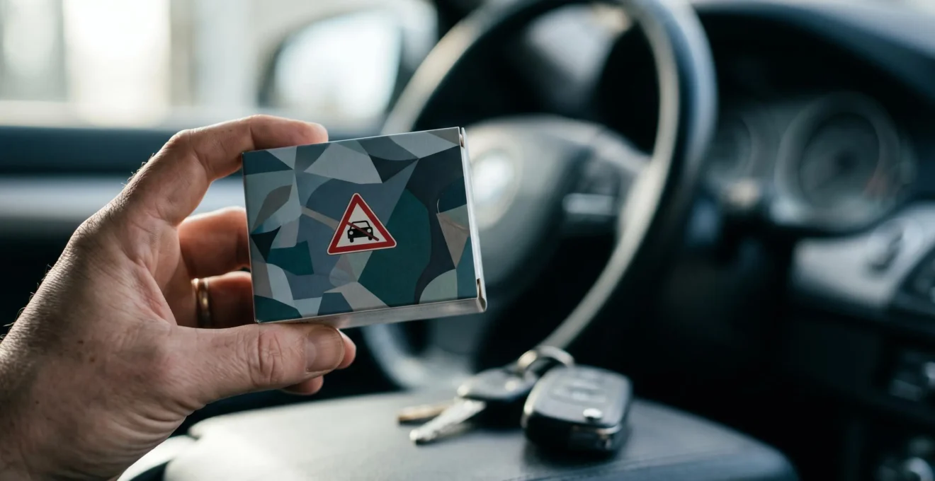 Vue rapprochée d'une main tenant une boîte de médicaments avec pictogramme rouge de mise en garde, clés de voiture floues en arrière-plan