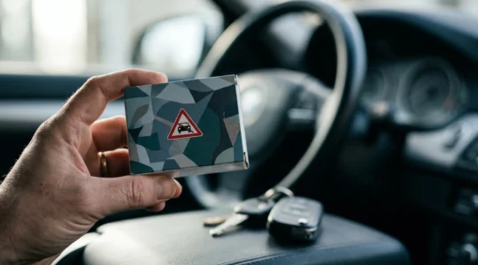 Vue rapprochée d'une main tenant une boîte de médicaments avec pictogramme rouge de mise en garde, clés de voiture floues en arrière-plan