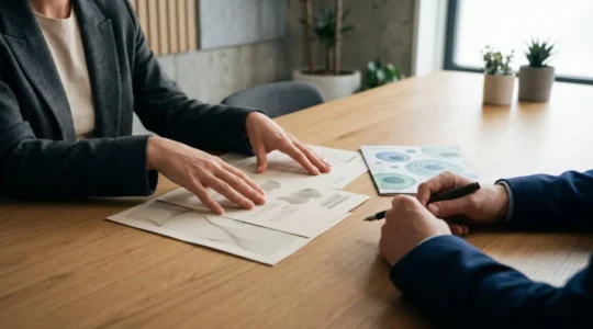 Discussion stratégique entre responsables RH autour d'une table moderne dans un environnement professionnel lumineux