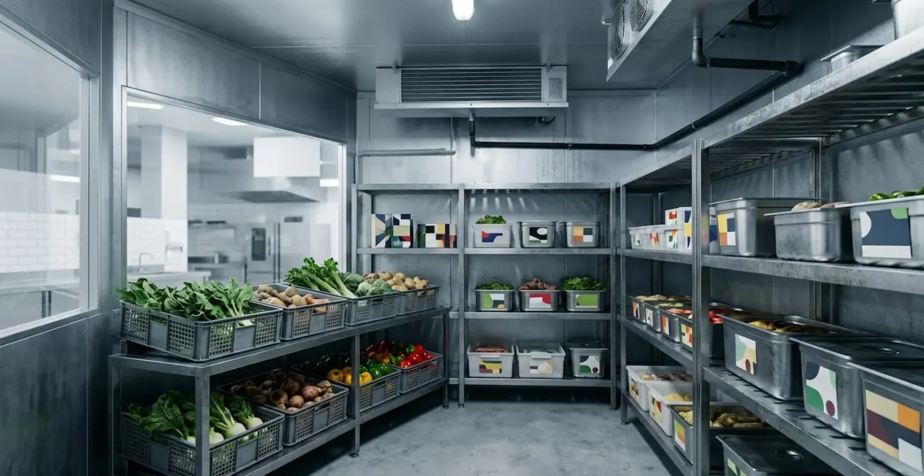 Chambre froide professionnelle avec stock de produits frais dans un environnement de restauration commercial