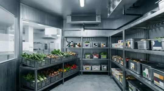 Chambre froide professionnelle avec stock de produits frais dans un environnement de restauration commercial