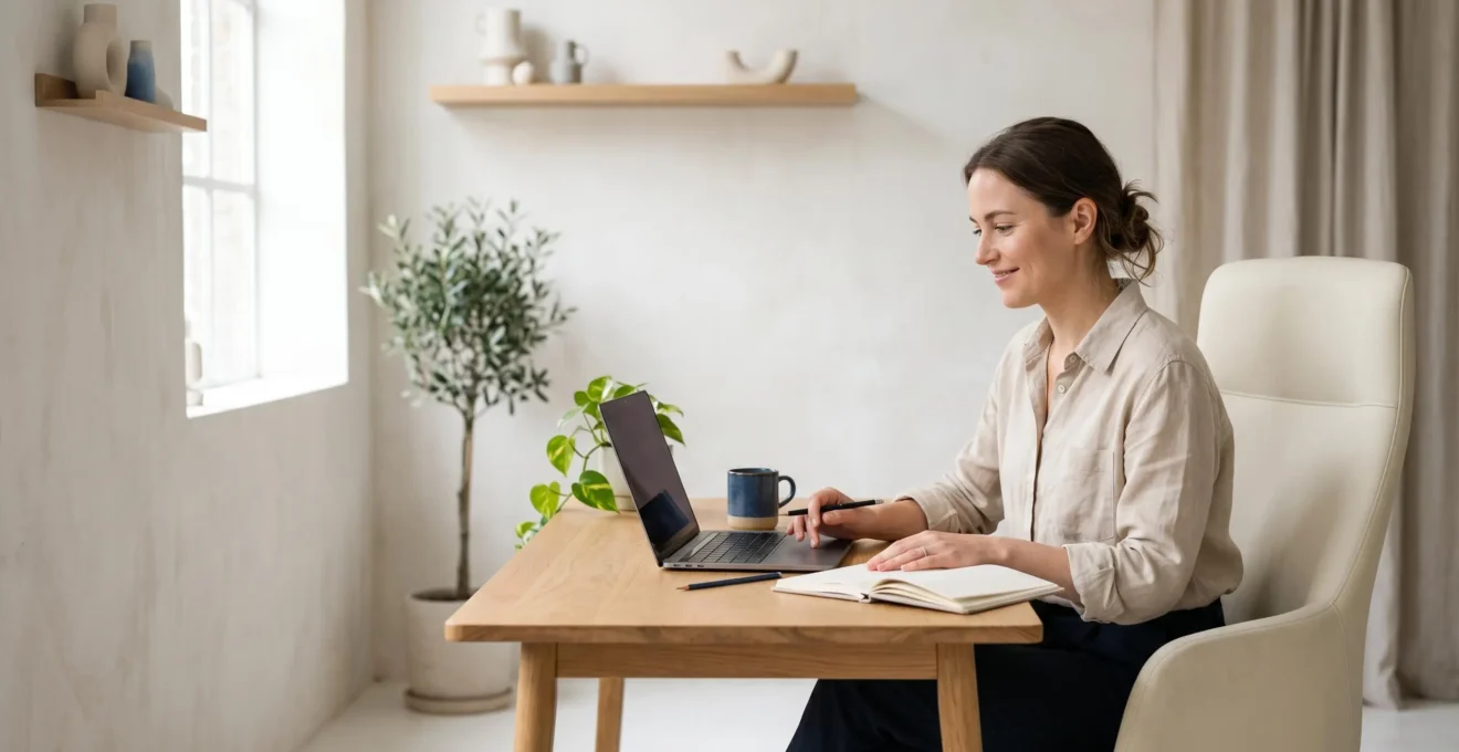 Freelance confiant travaillant sereinement sur projet professionnel avec protection assurance visible