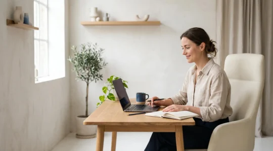 Freelance confiant travaillant sereinement sur projet professionnel avec protection assurance visible