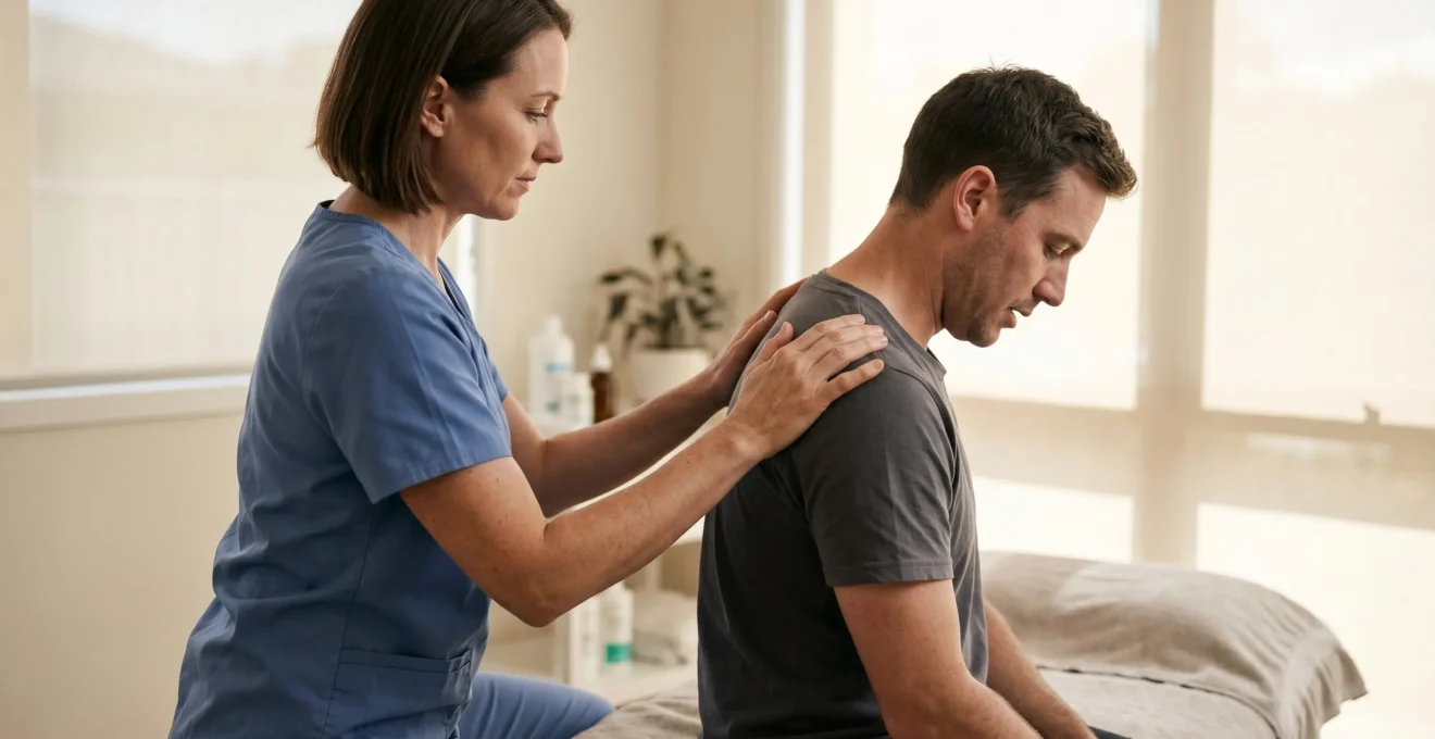 Consultation d'ostéopathie avec praticien et patient dans un cabinet médical moderne
