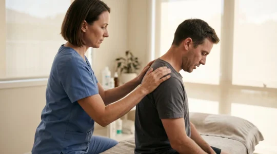 Consultation d'ostéopathie avec praticien et patient dans un cabinet médical moderne