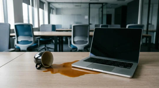 Scène professionnelle montrant les conséquences d'un accident matériel en entreprise dans un contexte d'assurance