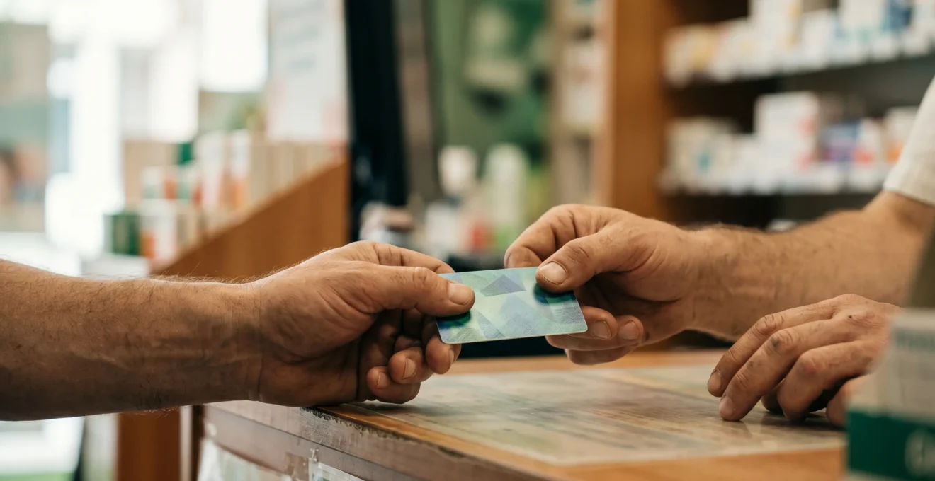 Mains d'employé présentant carte de mutuelle et carte vitale au comptoir d'une pharmacie, symbole d'accès facilité aux soins sans avance de frais