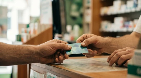 Mains d'employé présentant carte de mutuelle et carte vitale au comptoir d'une pharmacie, symbole d'accès facilité aux soins sans avance de frais