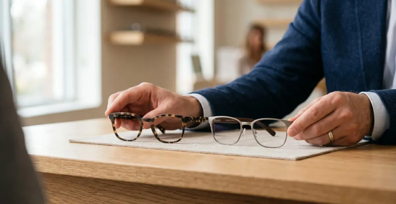 Consultation optique professionnelle avec présentation de différentes options de verres progressifs