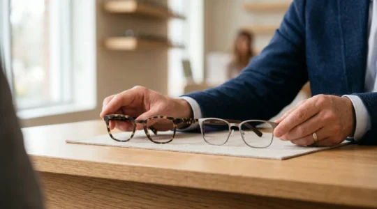 Consultation optique professionnelle avec présentation de différentes options de verres progressifs