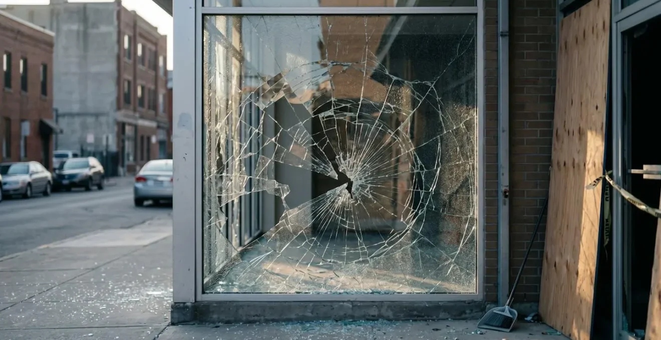 Vitrine commerciale cassée avec éclats de verre sur le trottoir, sécurisation d'urgence en cours