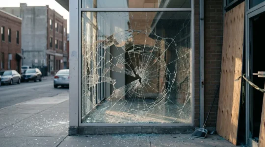Vitrine commerciale cassée avec éclats de verre sur le trottoir, sécurisation d'urgence en cours
